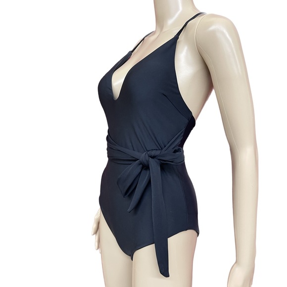 Black One Piece Cross Back Tie Waist Swimsuit Size Medium - Picture 2 of 5